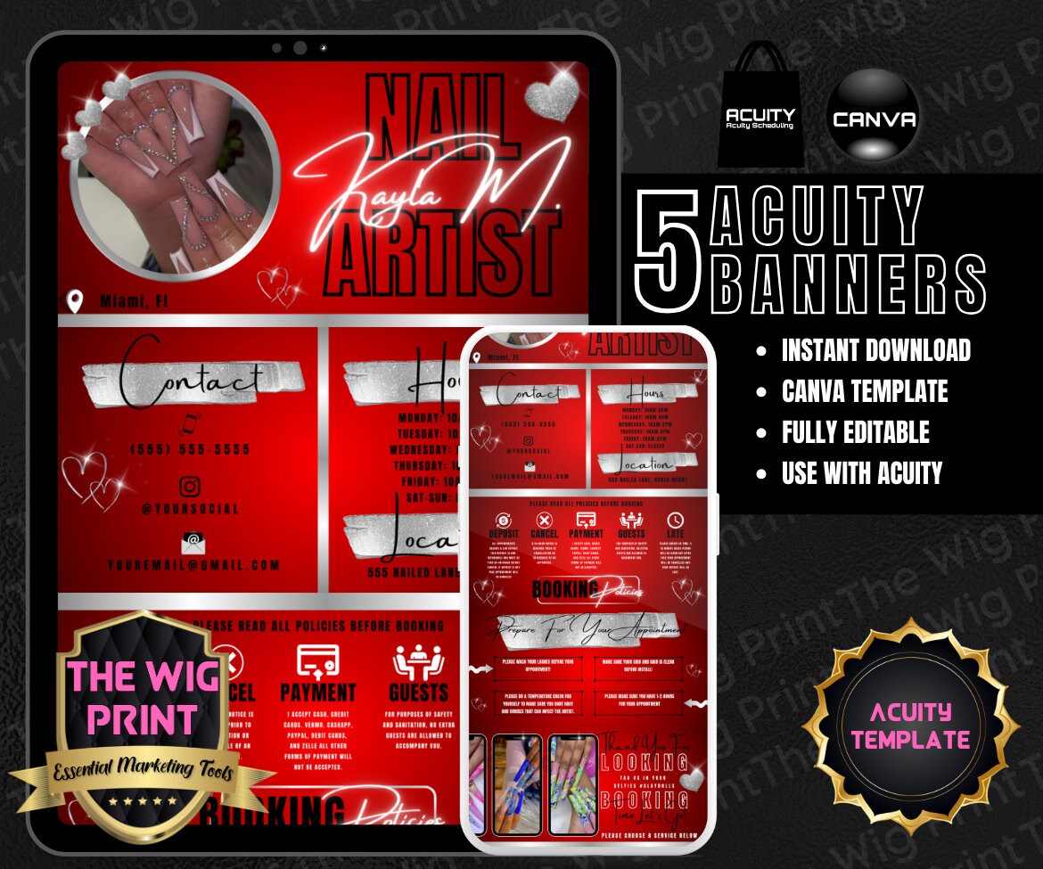 Nail Artist | Red | Acuity Template | 5 Banners | Hair + Wig + Makeup + nails + Lash Industry | DIY | CANVA | Flyer | Website