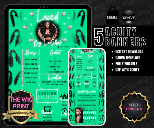 HairStylist | Wig Maker | Green Pastel Hearts | Acuity Template | 5 Banners | Hair + Wig Industry | DIY | CANVA | Flyer | Website