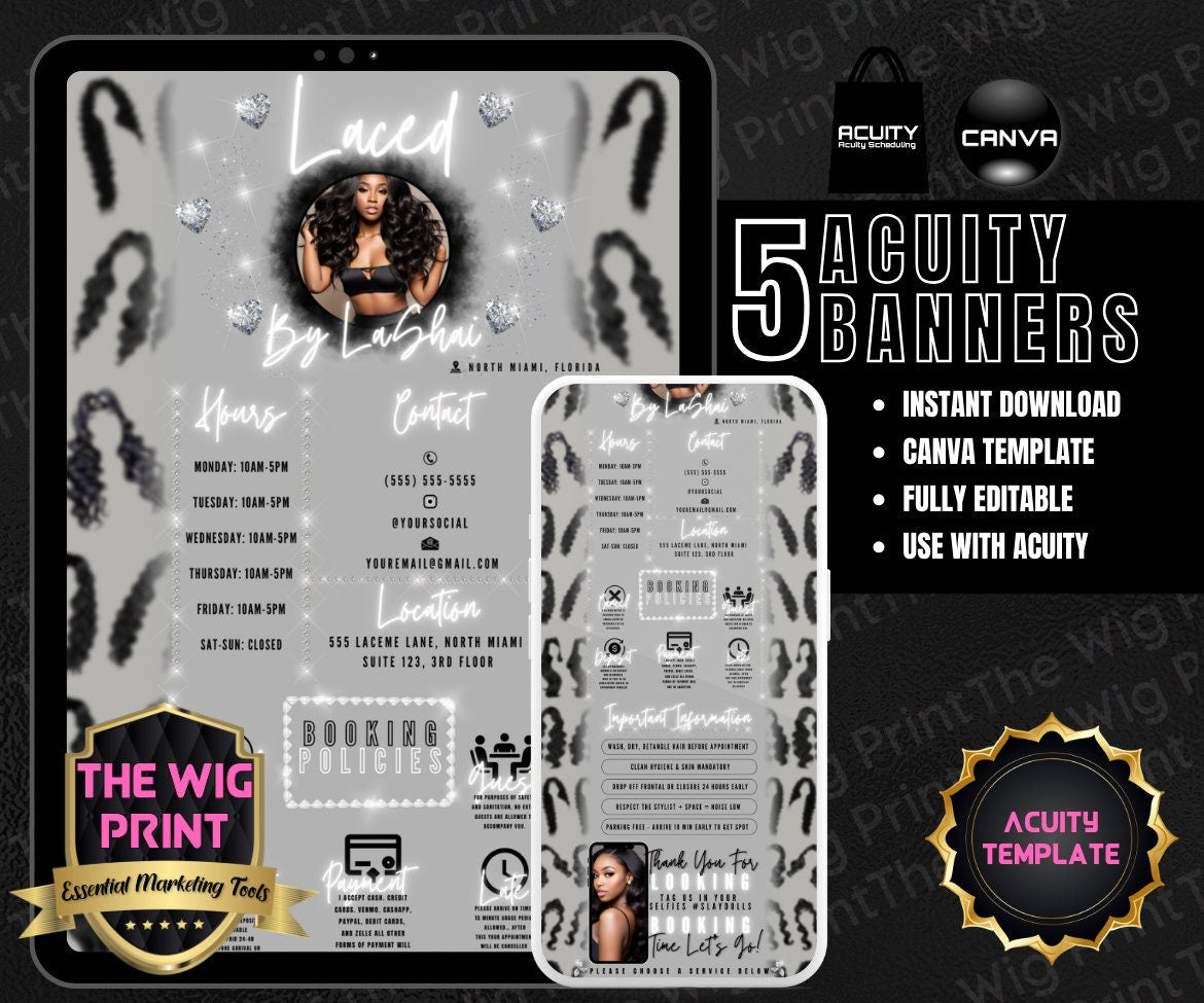 HairStylist | Wig Maker | Grey Pastel Hearts | Acuity Template | 5 Banners | Hair + Wig Industry | DIY | CANVA | Flyer | Website