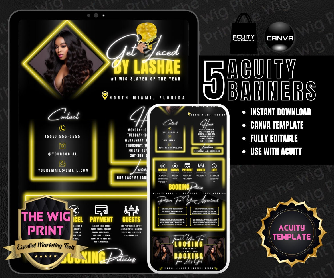 HairStylist | Wig Maker | Yellow Diamond | Acuity Template | 5 Banners | Hair + Wig Industry | DIY | CANVA | Flyer | Website