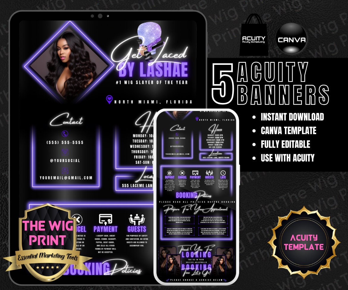 HairStylist | Wig Maker | Purple Neon Diamond | Acuity Template | 5 Banners | Hair + Wig Industry | DIY | CANVA | Flyer | Website