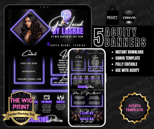 HairStylist | Wig Maker | Purple Neon Diamond | Acuity Template | 5 Banners | Hair + Wig Industry | DIY | CANVA | Flyer | Website