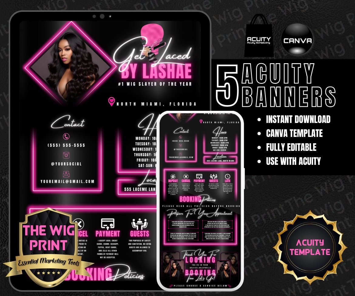 Hair Stylist | Acuity Template | 5 Banners | Wig Maker | Pink Neon Diamond | Hair + Wig Industry | DIY | CANVA | Flyer | Website