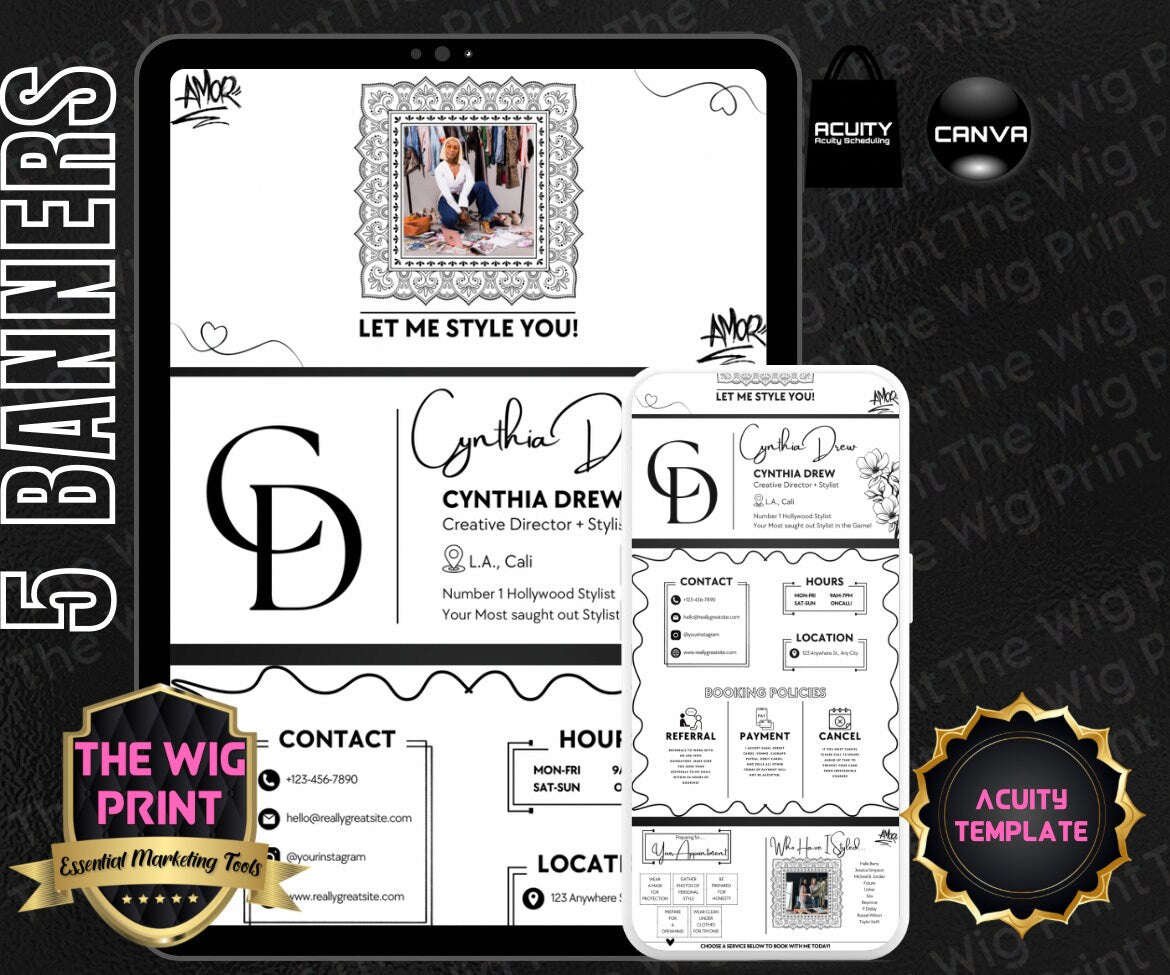 Stylist | Acuity Template | 5 Banners | Hair + Wig + Makeup + nails + Lash Industry | DIY | CANVA | Flyer | Website