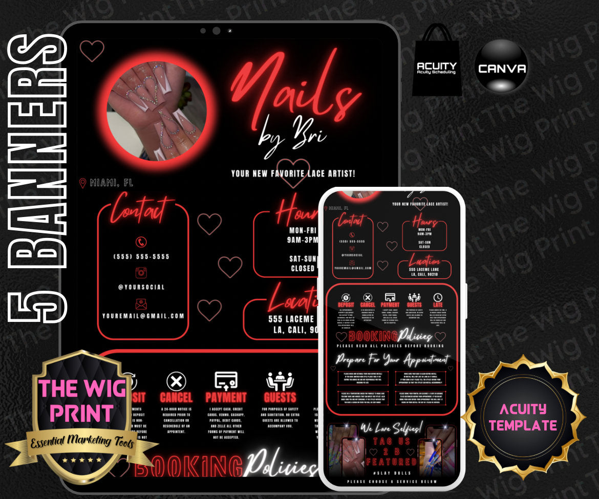 Nails By Bri | Acuity Template | 5 Banners | Hair + Wig + Makeup + nails + Lash Industry | DIY | CANVA | Flyer | Website