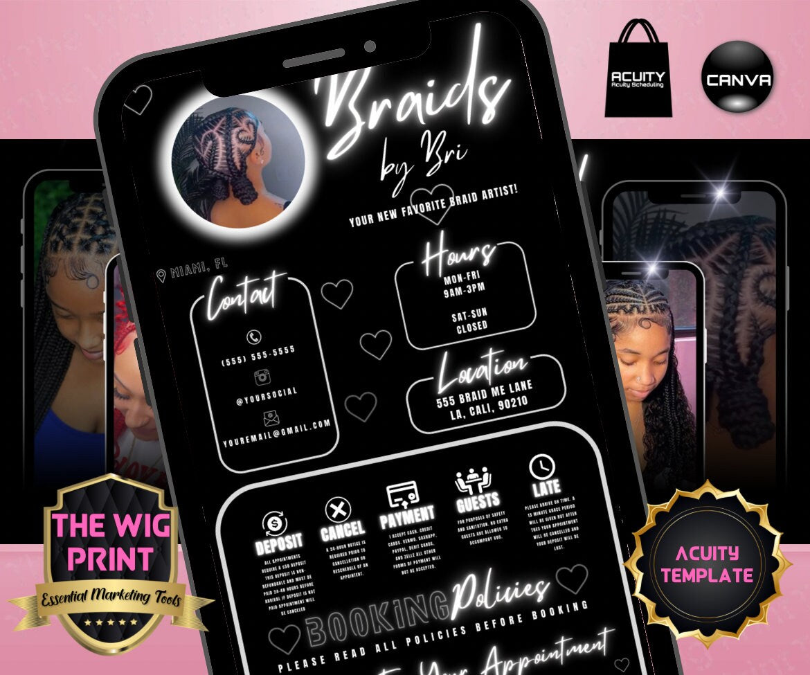 Braids By Bri | Acuity Template | 5 Banners | Hair + Wig + Makeup + nails + Lash Industry | DIY | CANVA | Flyer | Website