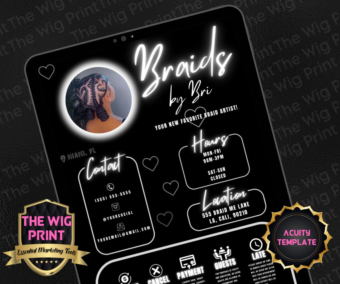 Braids By Bri | Acuity Template | 5 Banners | Hair + Wig + Makeup + nails + Lash Industry | DIY | CANVA | Flyer | Website