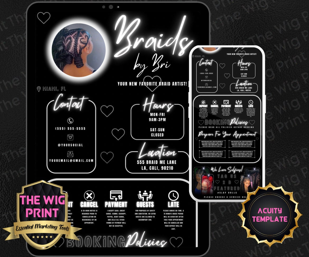 Braids By Bri | Acuity Template | 5 Banners | Hair + Wig + Makeup + nails + Lash Industry | DIY | CANVA | Flyer | Website