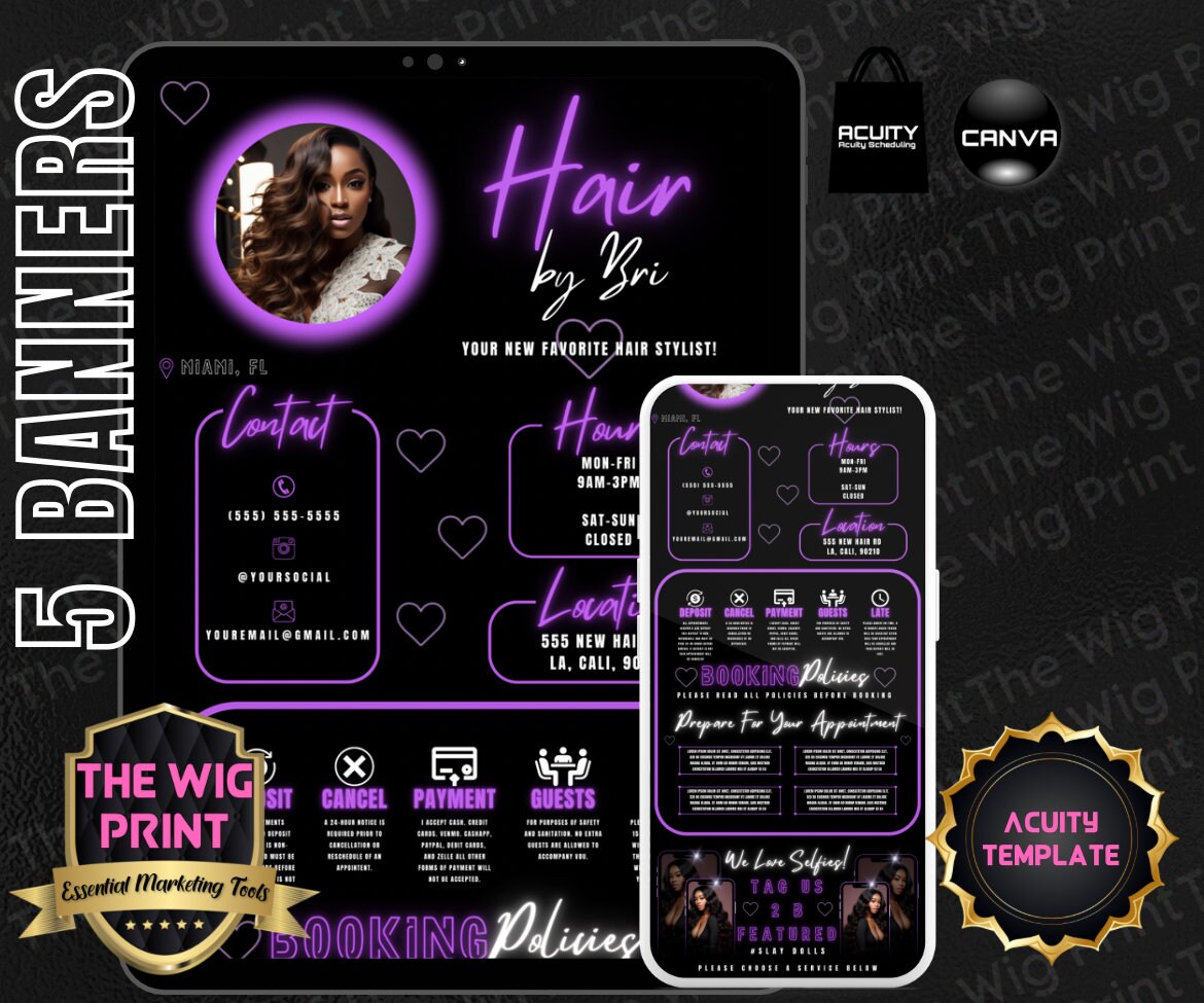 Hair By Bri | Acuity Template | 5 Banners | Hair + Wig + Makeup + nails + Lash Industry | DIY | CANVA | Flyer | Website