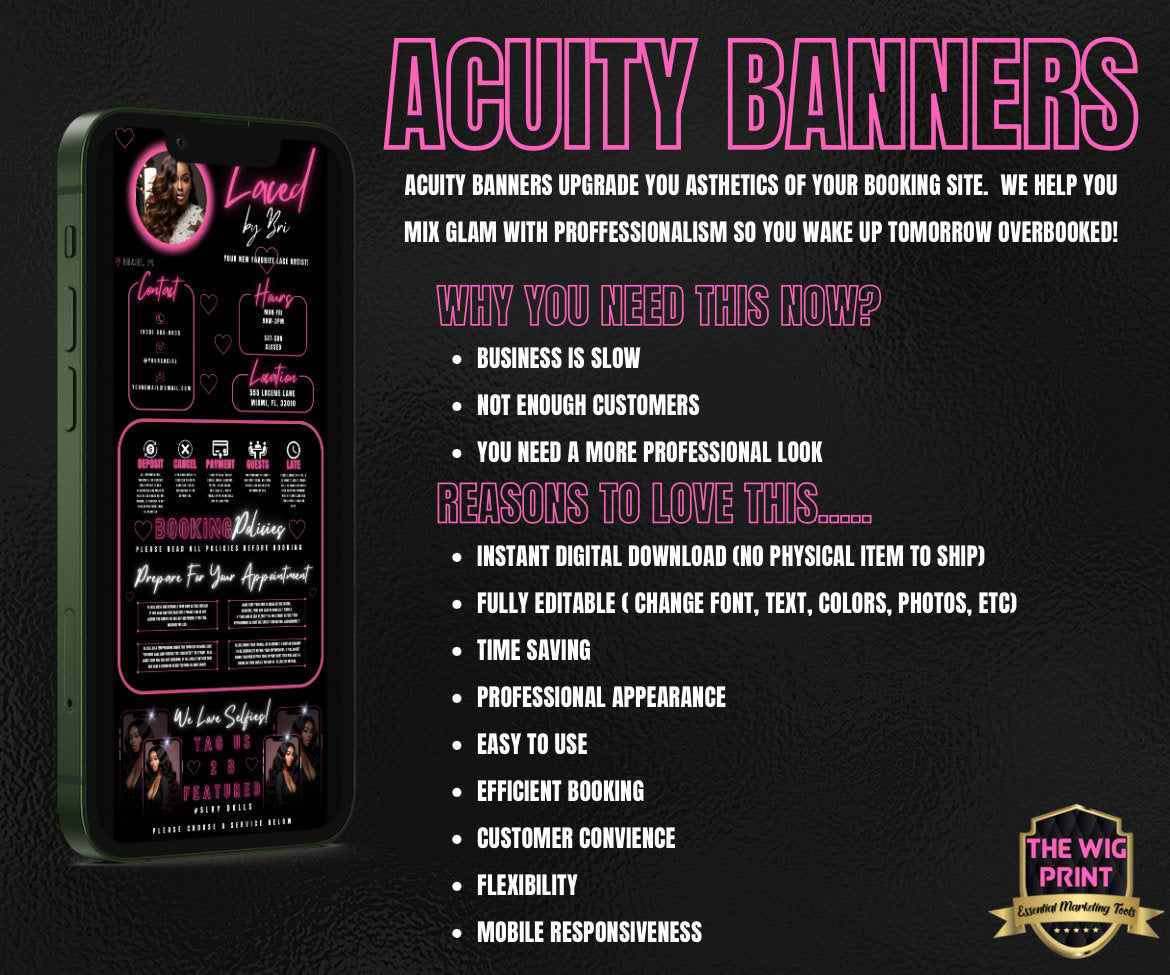 HairStylist | Wig Maker | Green Neon Diamond | Acuity Template | 5 Banners | Hair + Wig Industry | DIY | CANVA | Flyer | Website