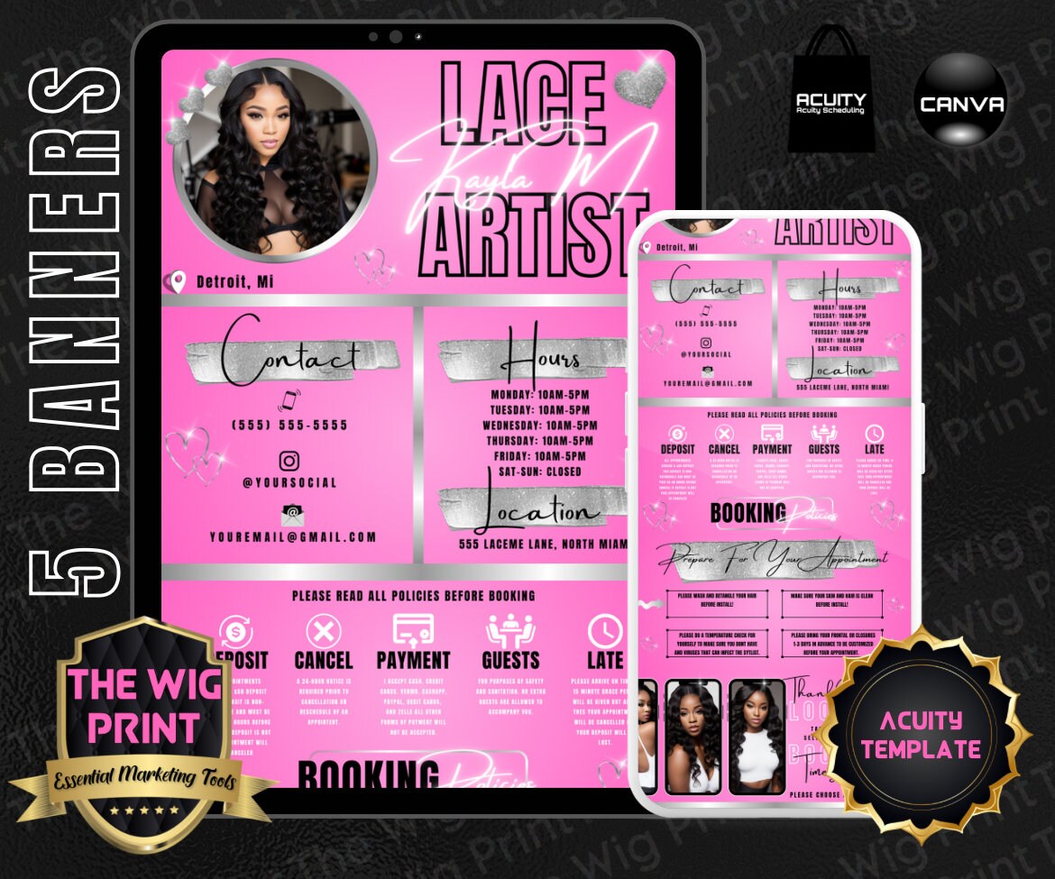 Lace Artist | HairStylist | Pink | Acuity Template | 5 Banners | Hair + Wig Industry | DIY | CANVA | Flyer | Website