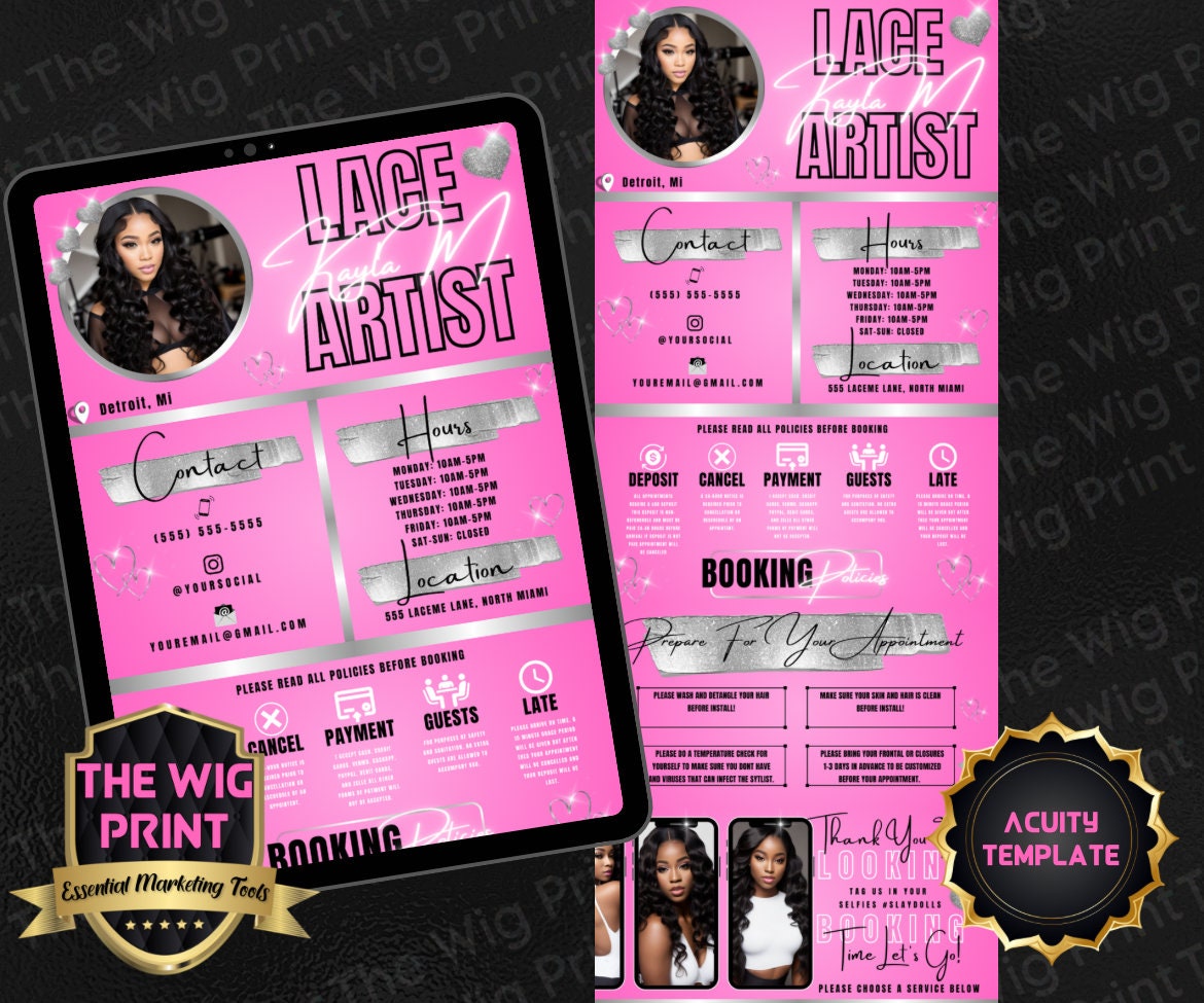 Lace Artist | HairStylist | Pink | Acuity Template | 5 Banners | Hair + Wig Industry | DIY | CANVA | Flyer | Website