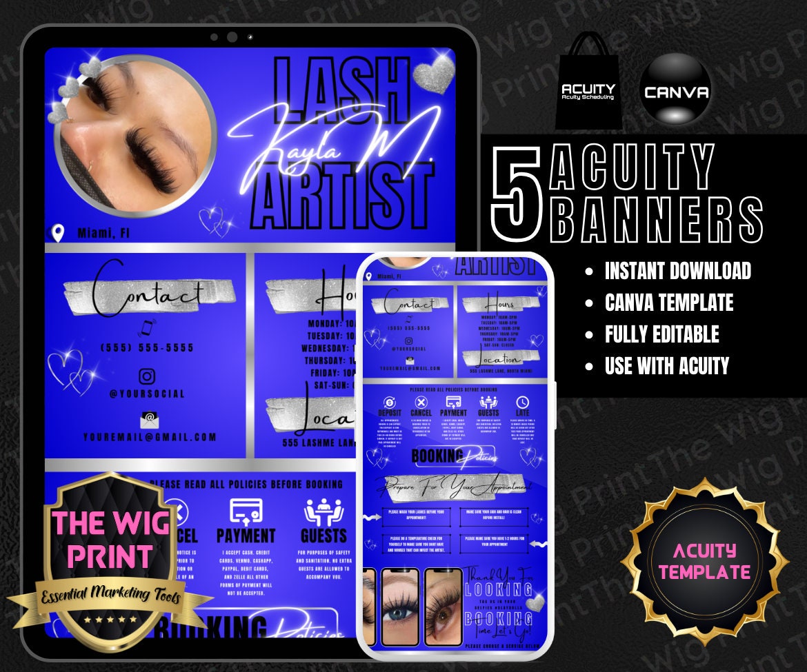 Lash Artist | HairStylist | Blue | Acuity Template | 5 Banners | Hair + Wig Industry | DIY | CANVA | Flyer | Website