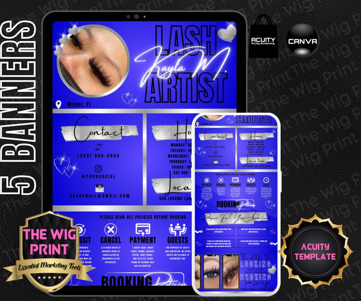 Lash Artist | HairStylist | Blue | Acuity Template | 5 Banners | Hair + Wig Industry | DIY | CANVA | Flyer | Website