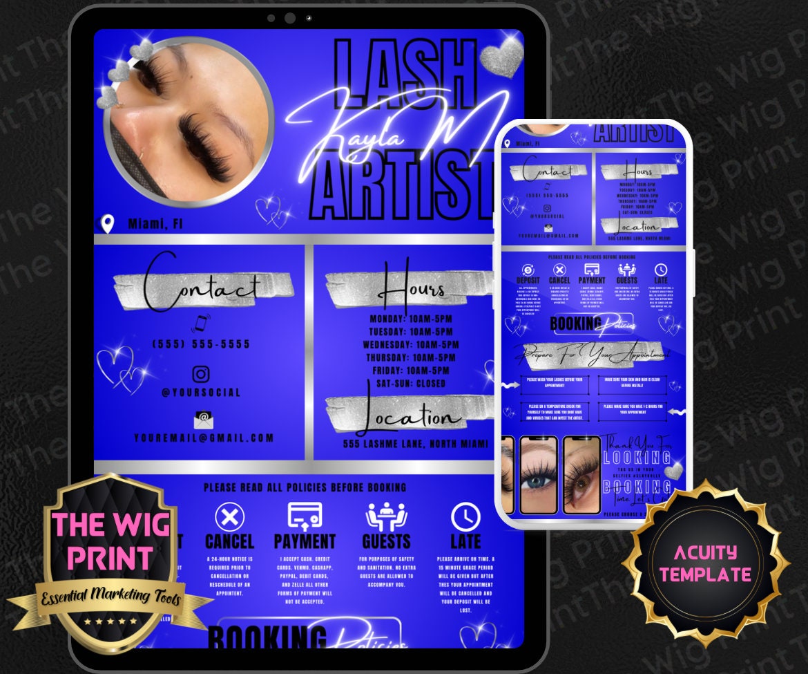 Lash Artist | HairStylist | Blue | Acuity Template | 5 Banners | Hair + Wig Industry | DIY | CANVA | Flyer | Website