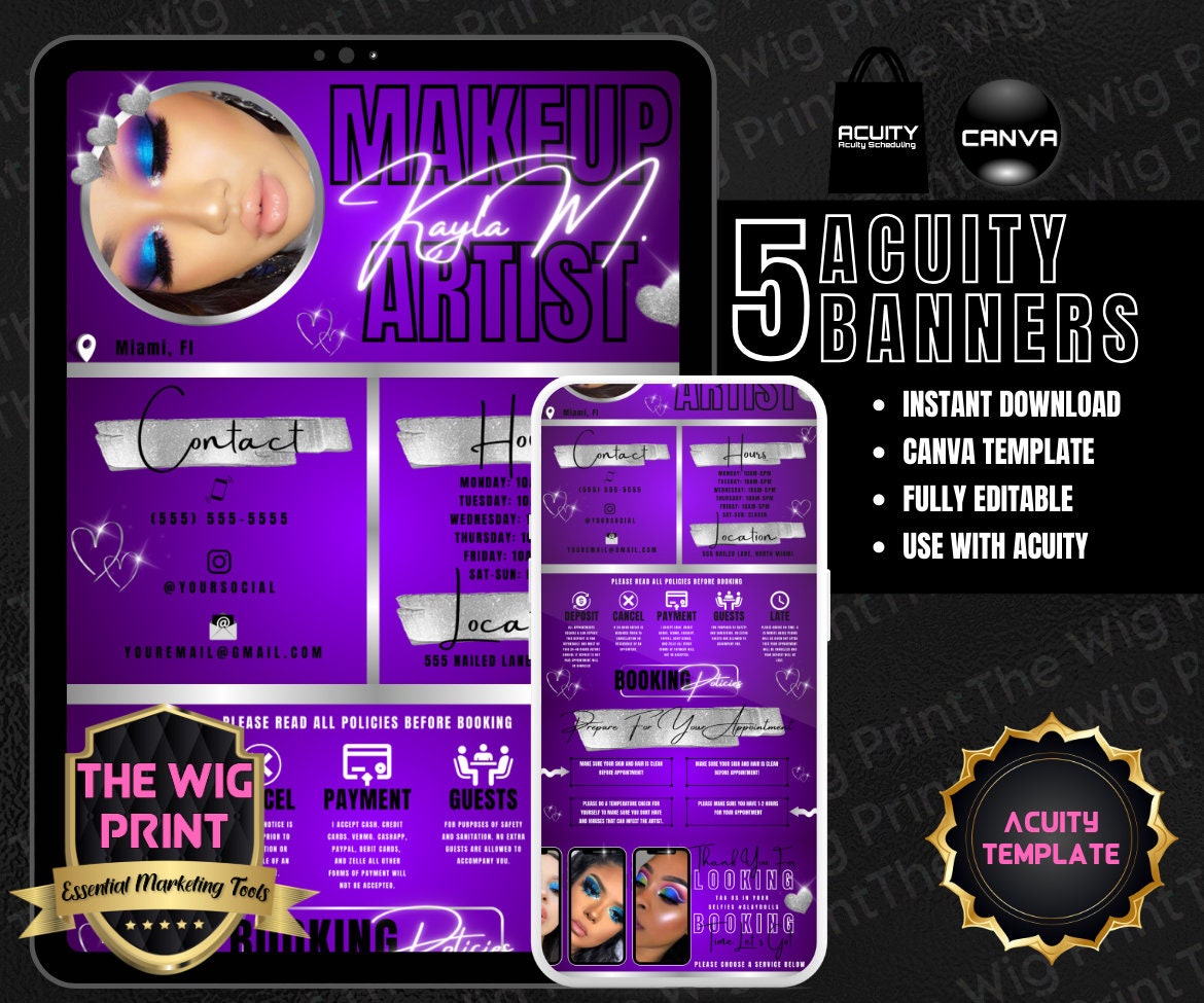 Makeup Artist | Purple | Acuity Template | 5 Banners | Hair + Wig + Makeup + nails + Lash Industry | DIY | CANVA | Flyer | Website