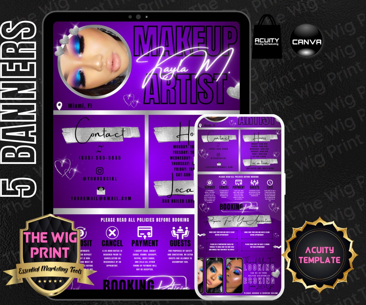 Makeup Artist | Purple | Acuity Template | 5 Banners | Hair + Wig + Makeup + nails + Lash Industry | DIY | CANVA | Flyer | Website