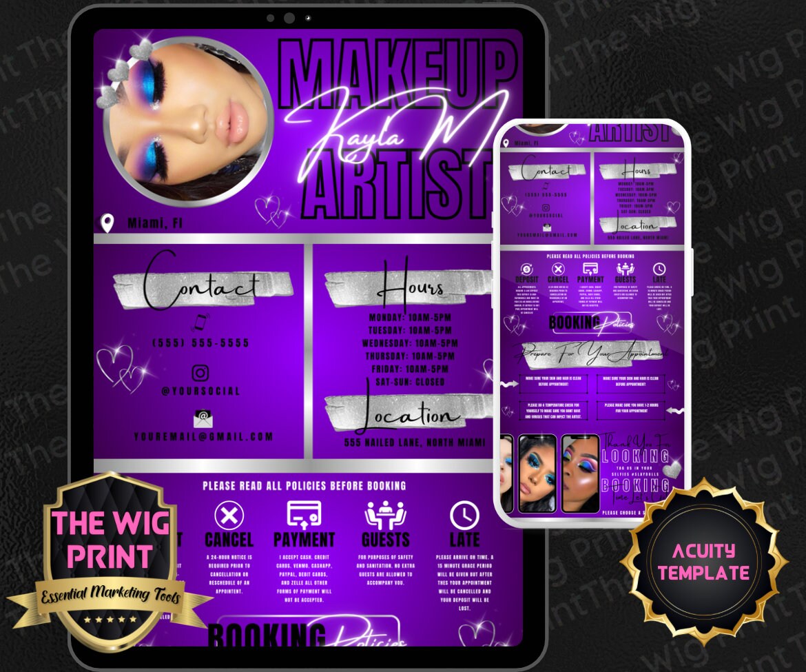 Makeup Artist | Purple | Acuity Template | 5 Banners | Hair + Wig + Makeup + nails + Lash Industry | DIY | CANVA | Flyer | Website