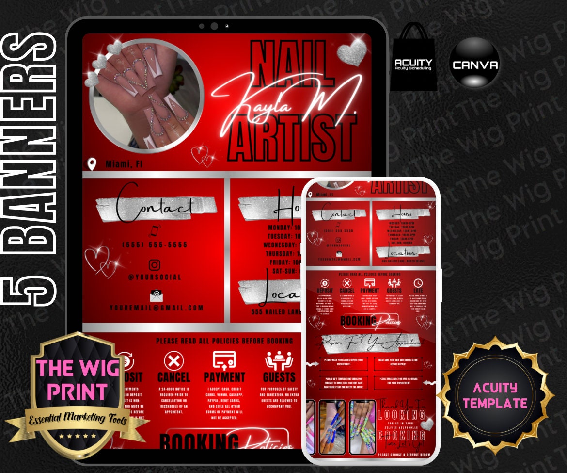 Nail Artist | Red | Acuity Template | 5 Banners | Hair + Wig + Makeup + nails + Lash Industry | DIY | CANVA | Flyer | Website