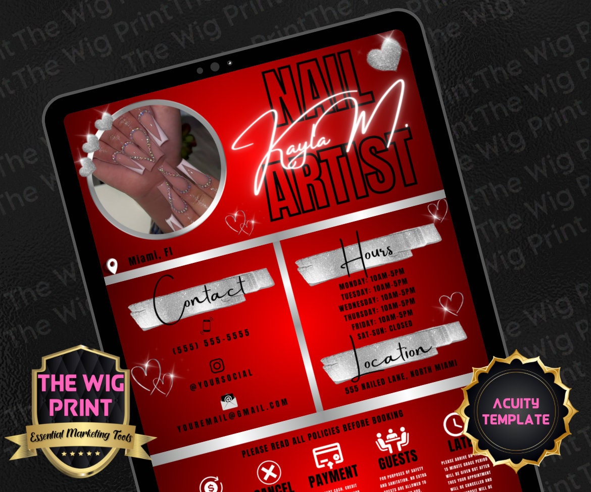 Nail Artist | Red | Acuity Template | 5 Banners | Hair + Wig + Makeup + nails + Lash Industry | DIY | CANVA | Flyer | Website