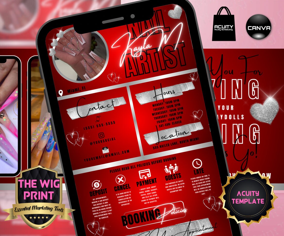 Nail Artist | Red | Acuity Template | 5 Banners | Hair + Wig + Makeup + nails + Lash Industry | DIY | CANVA | Flyer | Website