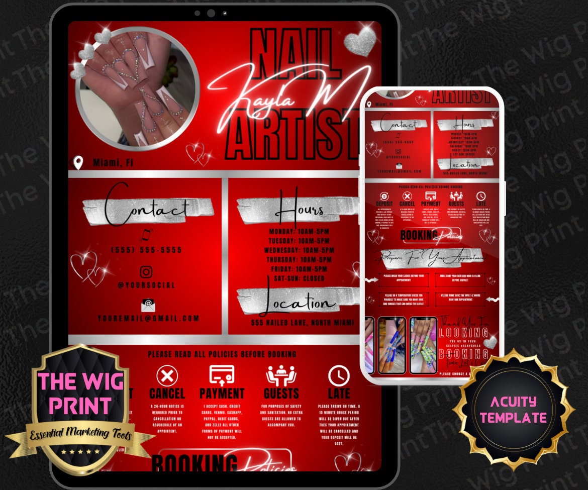 Nail Artist | Red | Acuity Template | 5 Banners | Hair + Wig + Makeup + nails + Lash Industry | DIY | CANVA | Flyer | Website