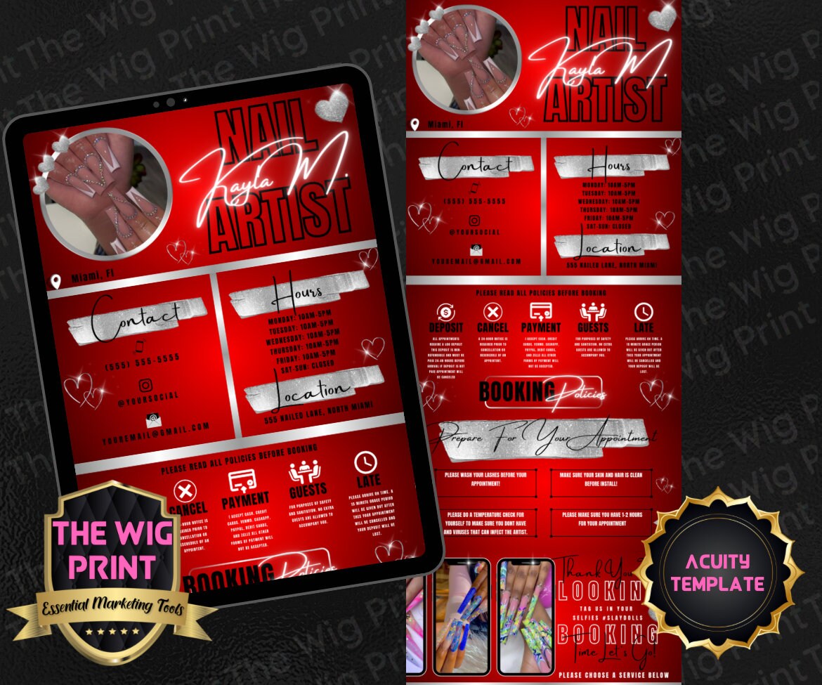 Nail Artist | Red | Acuity Template | 5 Banners | Hair + Wig + Makeup + nails + Lash Industry | DIY | CANVA | Flyer | Website