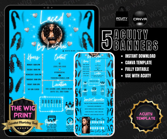 HairStylist | Wig Maker | Blue Hearts | Acuity Template | 5 Banners | Hair + Wig Industry | DIY | CANVA | Flyer | Website