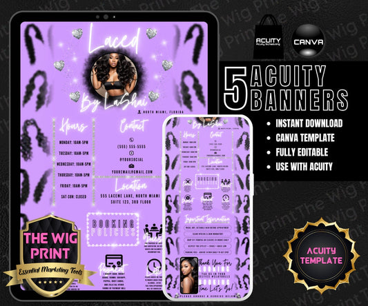 HairStylist | Wig Maker | Purple Pastel Hearts | Acuity Template | 5 Banners | Hair + Wig Industry | DIY | CANVA | Flyer | Website