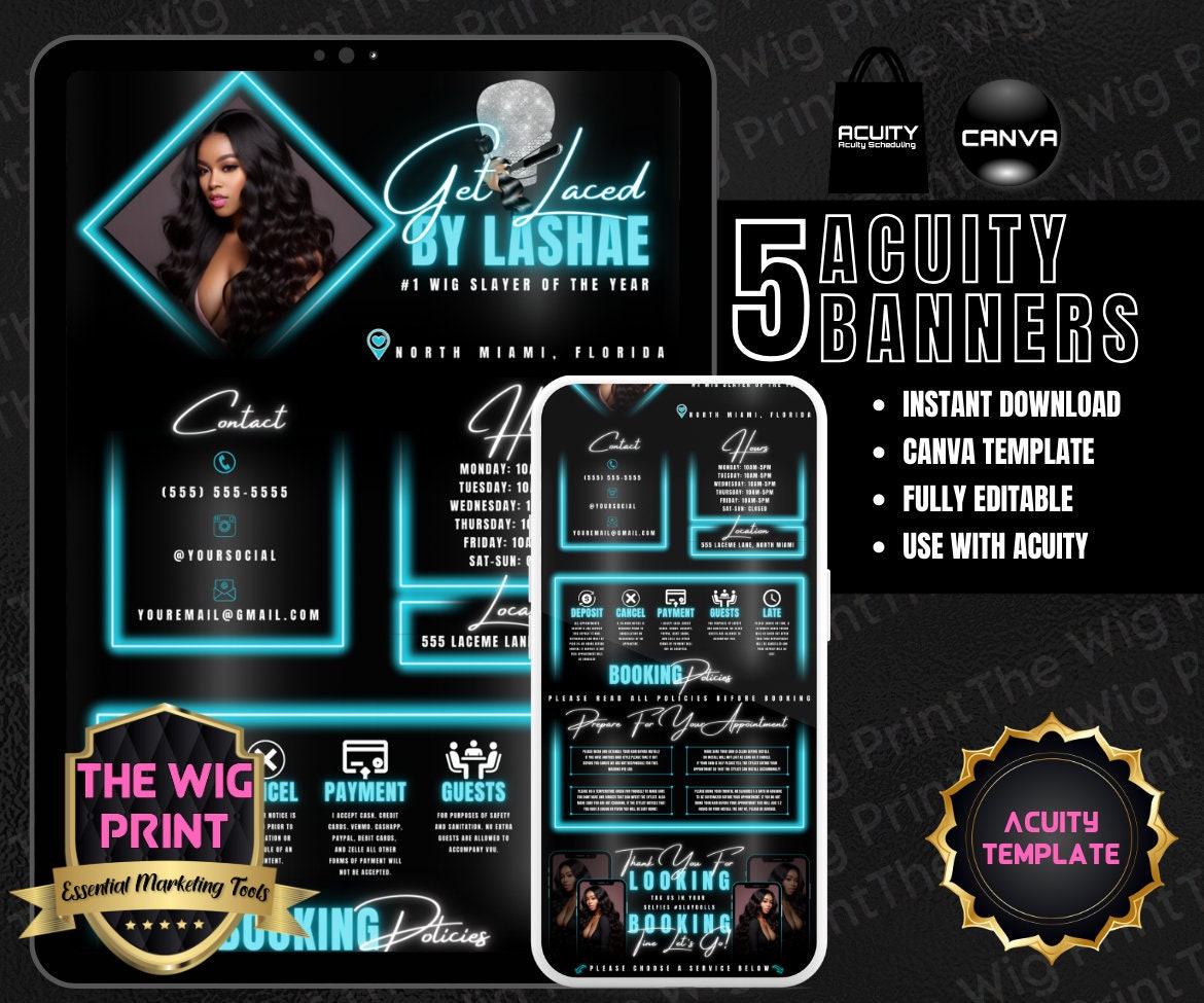 HairStylist | Wig Maker | Blue Diamond | Acuity Template | 5 Banners | Hair + Wig Industry | DIY | CANVA | Flyer | Website