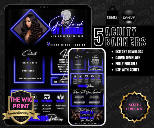 HairStylist | Wig Maker | Dark Blue Diamond | Acuity Template | 5 Banners | Hair + Wig Industry | DIY | CANVA Template | Website Template