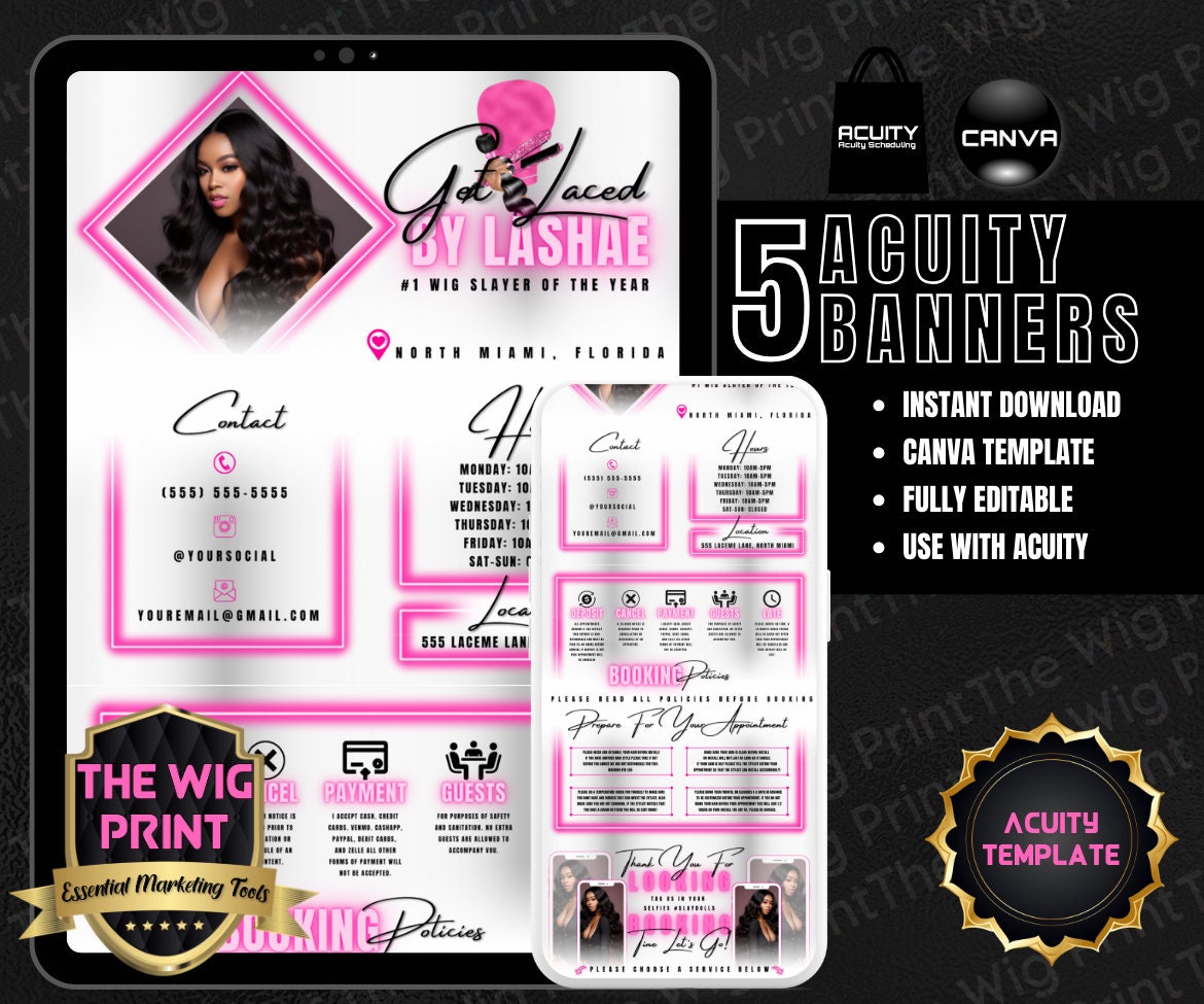 HairStylist | Wig Maker | White + Pink Neon Diamond | Acuity Template | 5 Banners | Hair + Wig Industry | DIY | CANVA | Flyer | Website