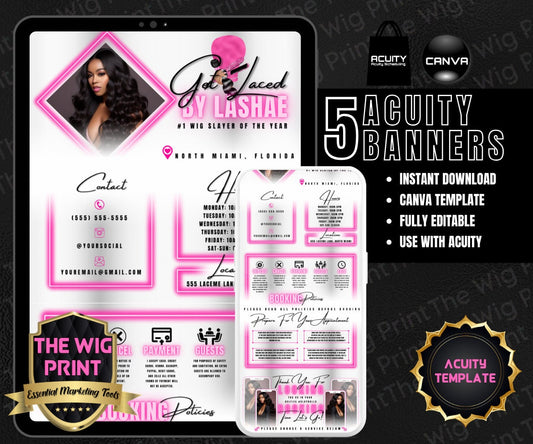 HairStylist | Wig Maker | White + Pink Neon Diamond | Acuity Template | 5 Banners | Hair + Wig Industry | DIY | CANVA | Flyer | Website