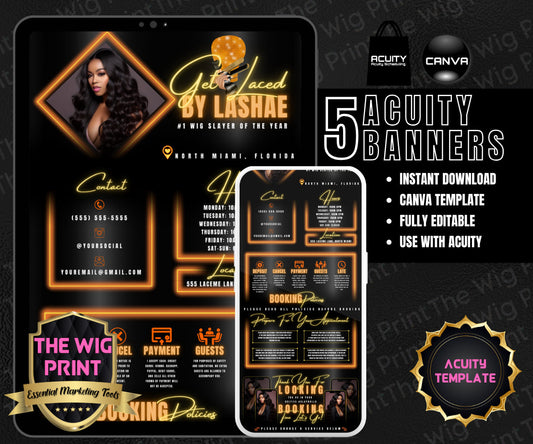 HairStylist | Wig Maker | Orange Neon Diamond | Acuity Template | 5 Banners | Hair + Wig Industry | Pink | DIY | CANVA | Flyer | Website