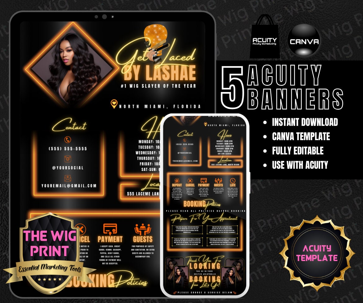 HairStylist | Wig Maker | Orange Neon Diamond | Acuity Template | 5 Banners | Hair + Wig Industry | Pink | DIY | CANVA | Flyer | Website