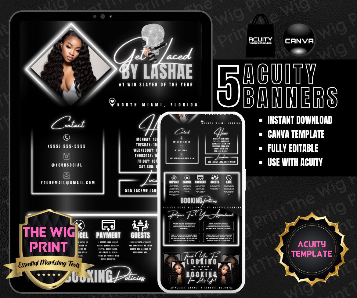 HairStylist | Wig Maker | White Neon Diamond | Acuity Template | 5 Banners | Hair + Wig Industry | Pink | DIY | CANVA | Flyer | Website