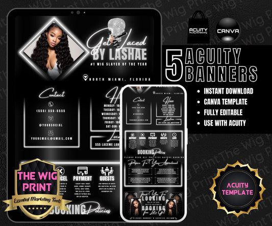 HairStylist | Wig Maker | White Neon Diamond | Acuity Template | 5 Banners | Hair + Wig Industry | Pink | DIY | CANVA | Flyer | Website