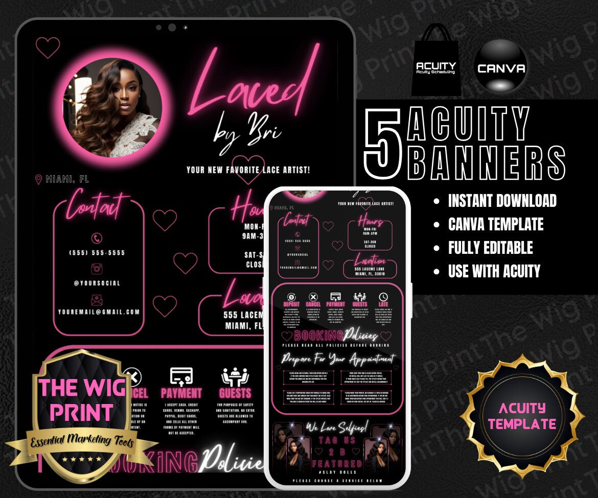 Laced By Bri | Acuity Template | 5 Banners | Hair + Wig + Makeup + nails + Lash Industry | DIY | CANVA | Flyer | Website