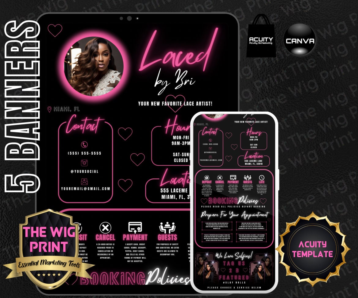 Laced By Bri | Acuity Template | 5 Banners | Hair + Wig + Makeup + nails + Lash Industry | DIY | CANVA | Flyer | Website