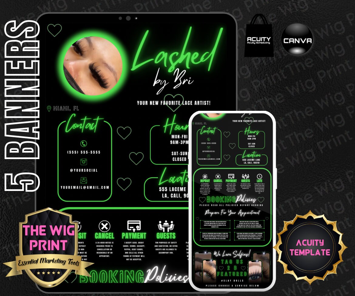 LaShed By Bri | Acuity Template | 5 Banners | Hair + Wig + Makeup + nails + Lash Industry | DIY | CANVA | Flyer | Website