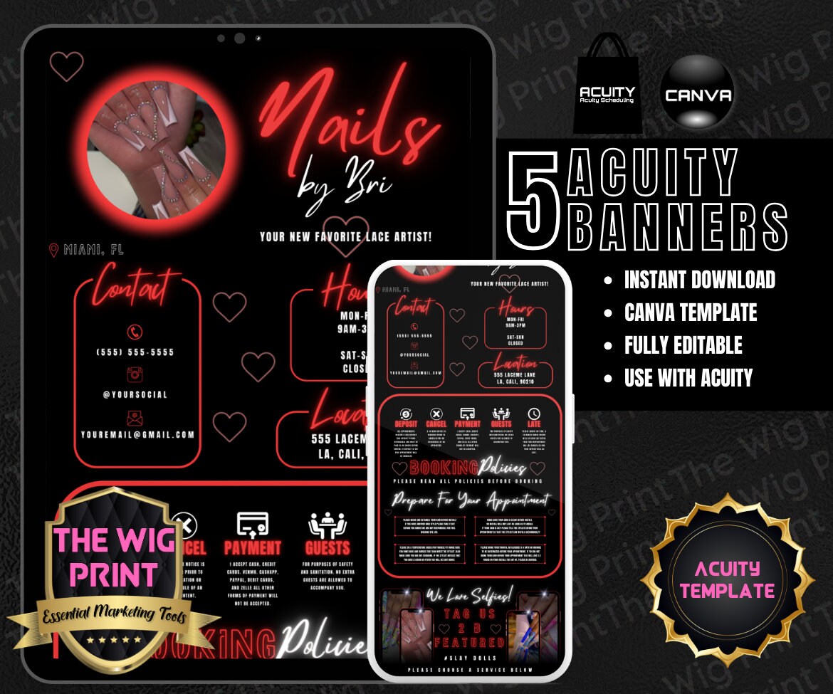 Nails By Bri | Acuity Template | 5 Banners | Hair + Wig + Makeup + nails + Lash Industry | DIY | CANVA | Flyer | Website