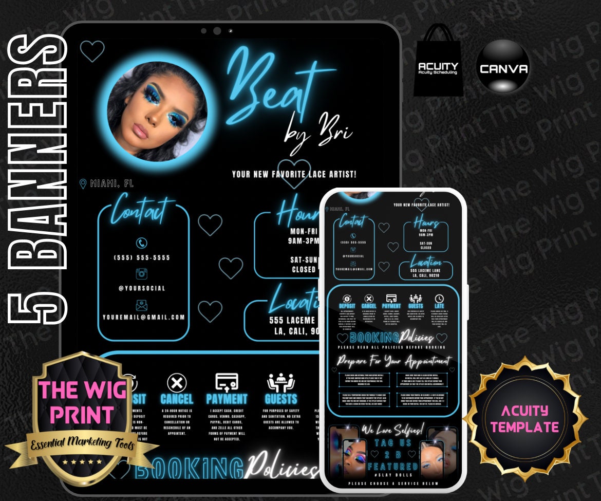 Beat By Bri | Acuity Template | 5 Banners | Hair + Wig + Makeup + nails + Lash Industry | DIY | CANVA | Flyer | Website