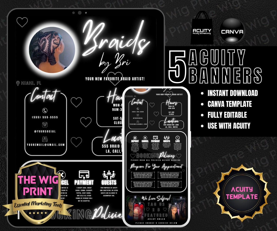 Braids By Bri | Acuity Template | 5 Banners | Hair + Wig + Makeup + nails + Lash Industry | DIY | CANVA | Flyer | Website