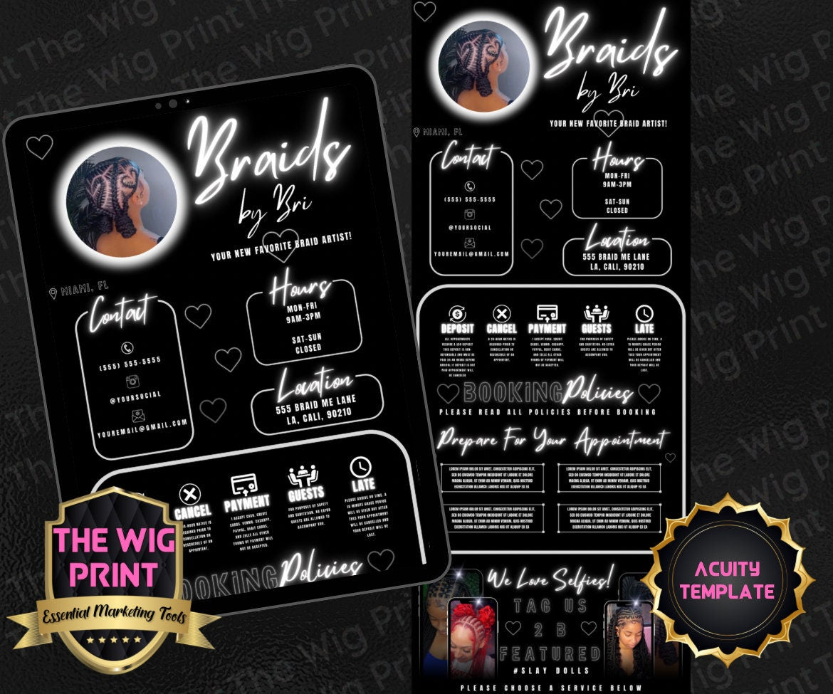 Braids By Bri | Acuity Template | 5 Banners | Hair + Wig + Makeup + nails + Lash Industry | DIY | CANVA | Flyer | Website