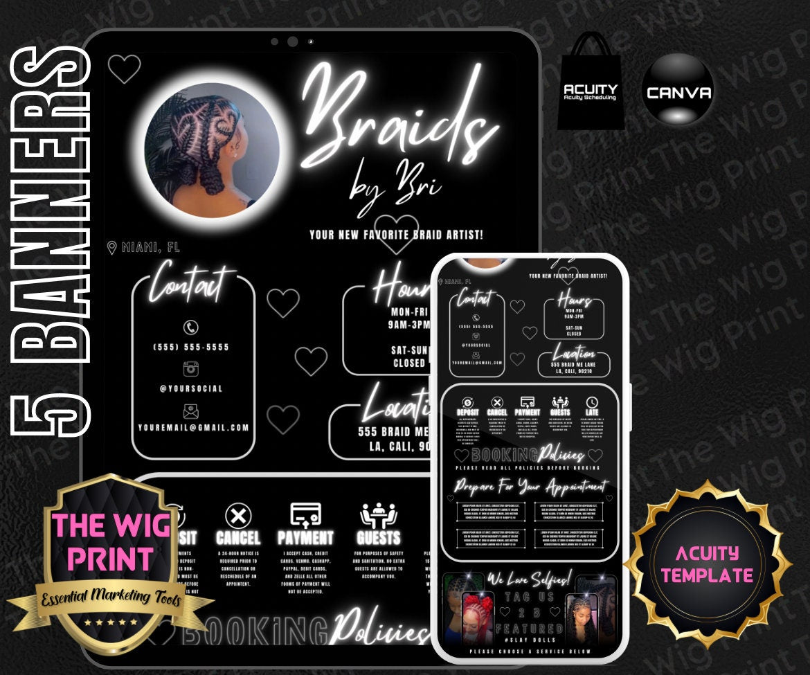 Braids By Bri | Acuity Template | 5 Banners | Hair + Wig + Makeup + nails + Lash Industry | DIY | CANVA | Flyer | Website