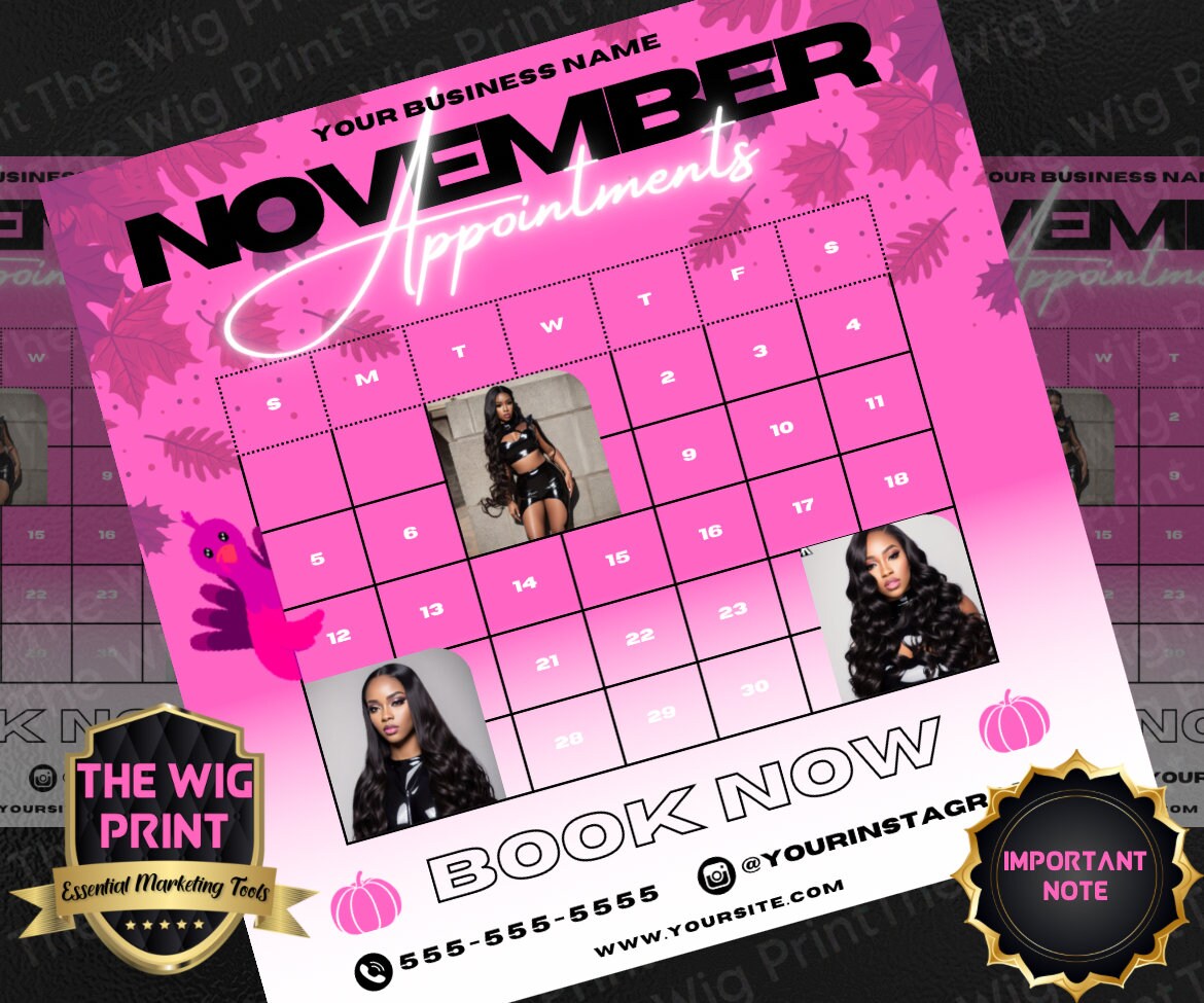 November Appointments | 4 Flyers | Hair + Wig, Nail, Lashes, & Makeup Industry | Pink | DIY | CANVA | Instagram | Facebook