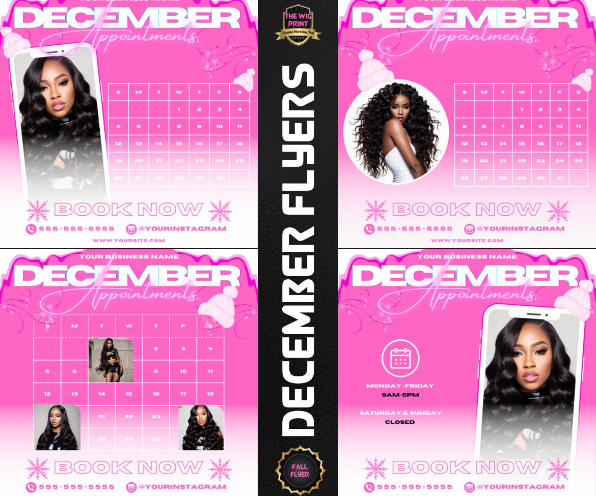 December Appointments | 4 Flyers | Hair + Wig, Nail, Lashes, & Makeup Industry | Pink | DIY | CANVA | Instagram | Facebook