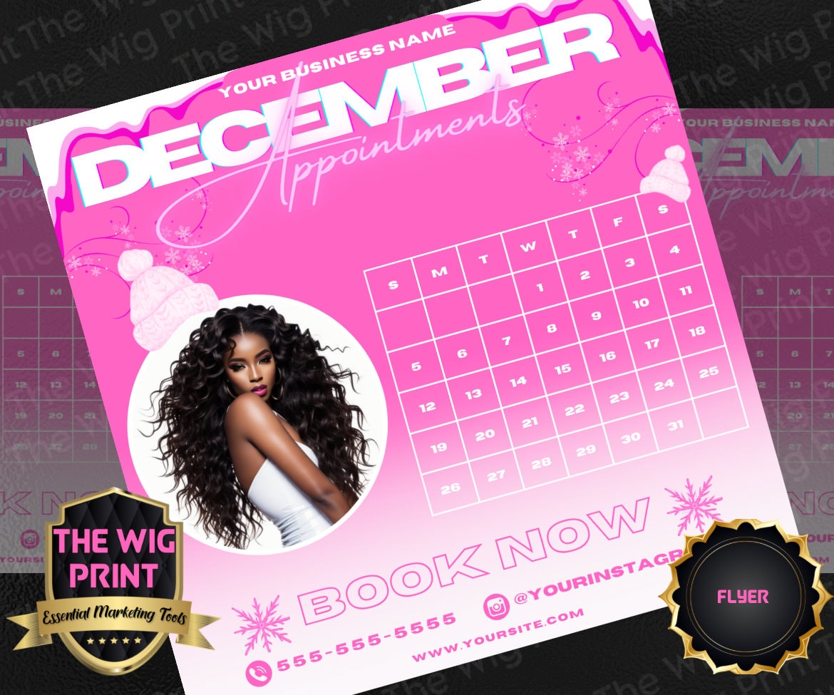 December Appointments | 4 Flyers | Hair + Wig, Nail, Lashes, & Makeup Industry | Pink | DIY | CANVA | Instagram | Facebook