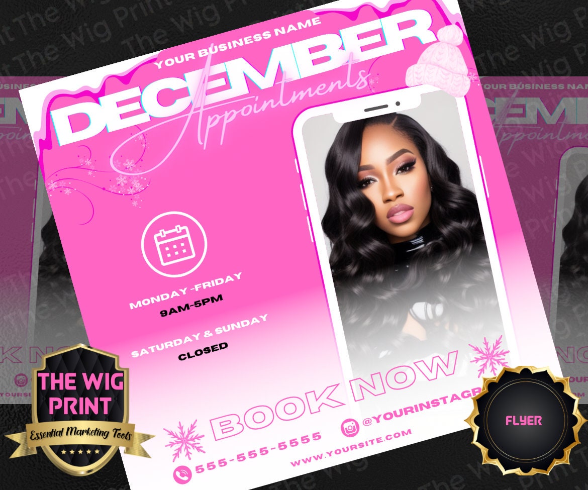 December Appointments | 4 Flyers | Hair + Wig, Nail, Lashes, & Makeup Industry | Pink | DIY | CANVA | Instagram | Facebook