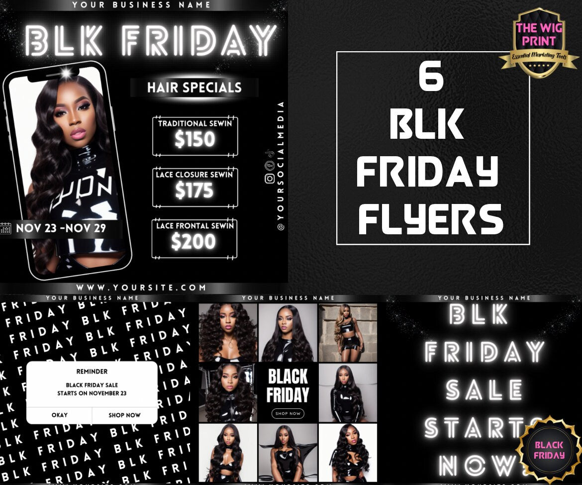 BLK Friday | 6 Flyers | Hair + Wig, Nail, Lashes, & Makeup Industry | pink + white | DIY | CANVA | Instagram | Facebook